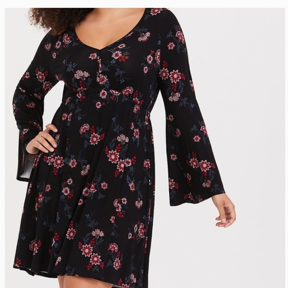 Torrid black floral bell sleeve skater dress